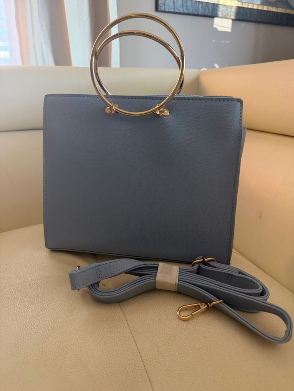 Structured light blue Top-Handle Satchel with Gold Ring Handles